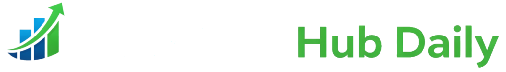 FinWiseHubDaily official logo for dark backgrounds, featuring white text with a blue and green rising arrow bar chart icon.