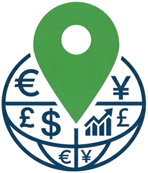 Personal finance icon featuring a green location pin over a globe containing diverse currency symbols and a rising financial growth arrow.