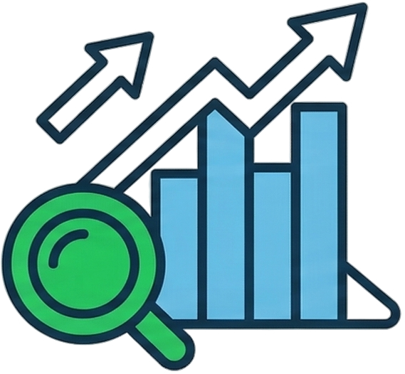 Icon illustrating stock market analysis, featuring a magnifying glass focusing on a rising bar chart with a positive trend line and arrows.
