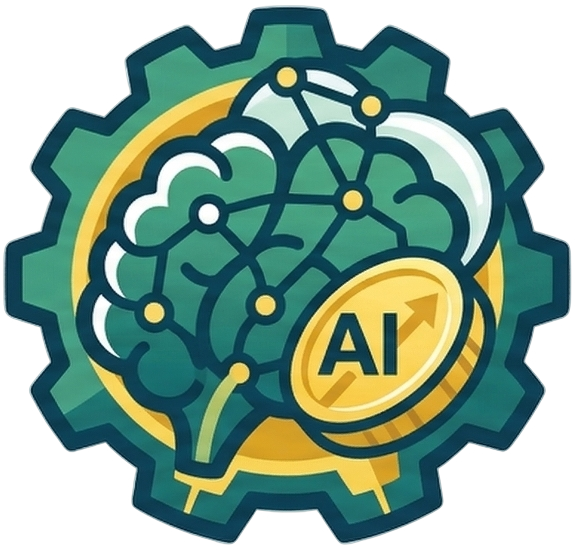 Concept icon for AI in finance featuring a neural network brain inside a gear, with an AI gold coin showing an upward trend arrow.