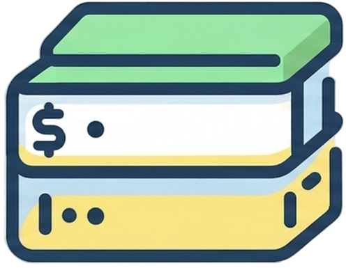 Educational icon for investing basics featuring a stack of financial books with a dollar sign on the spine.