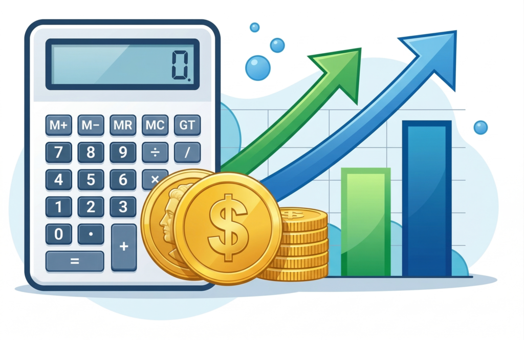 Compound interest illustration featuring a calculator with gold dollar coins and a bar graph showing exponential growth with green and blue upward arrows.
