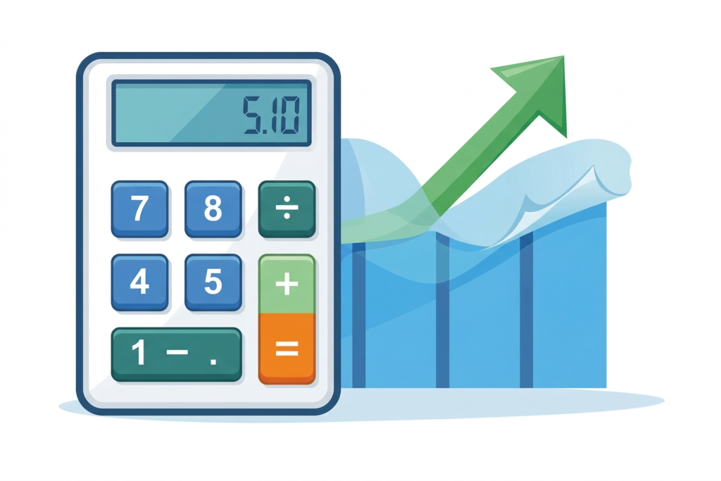 Illustration of an investment growth calculator with a large green upward arrow on a blue bar chart, representing long-term wealth accumulation scenarios.