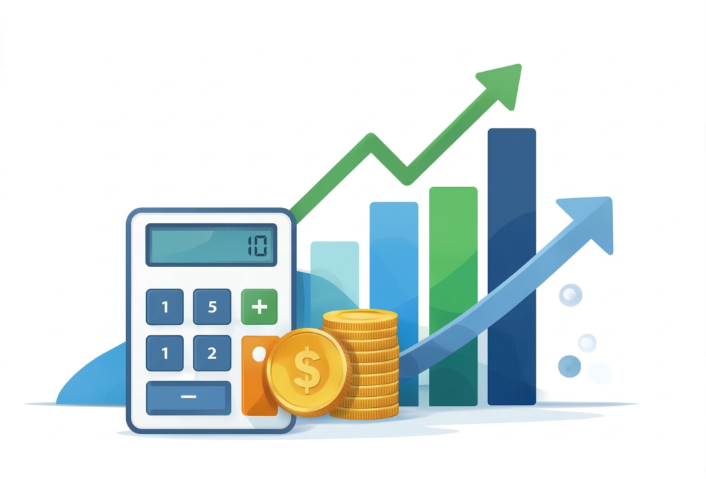 Financial growth illustration featuring a white calculator, stacked gold coins, and rising bar charts with blue and green upward arrows.