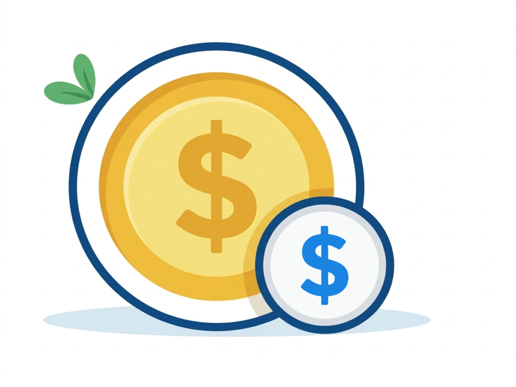 Savings goal illustration featuring two gold and silver coins with dollar signs and green leaves, representing financial planning and saving objectives.
