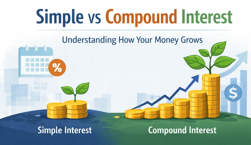 simple vs compound interest illustration showing how money grows differently with compounding over time