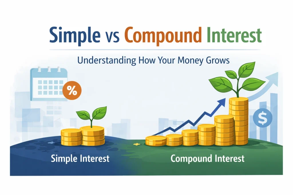 simple vs compound interest illustration showing how money grows differently with compounding over time